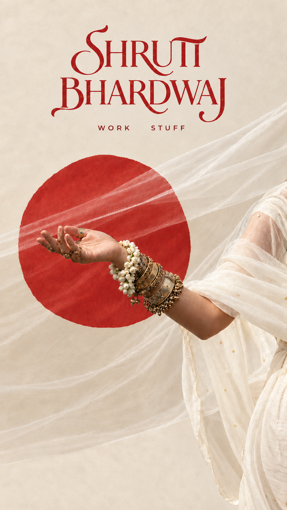Shruti Bhardwaj portfolio artwork with red sun, draped ivory fabric and a jewellery-adorned hand